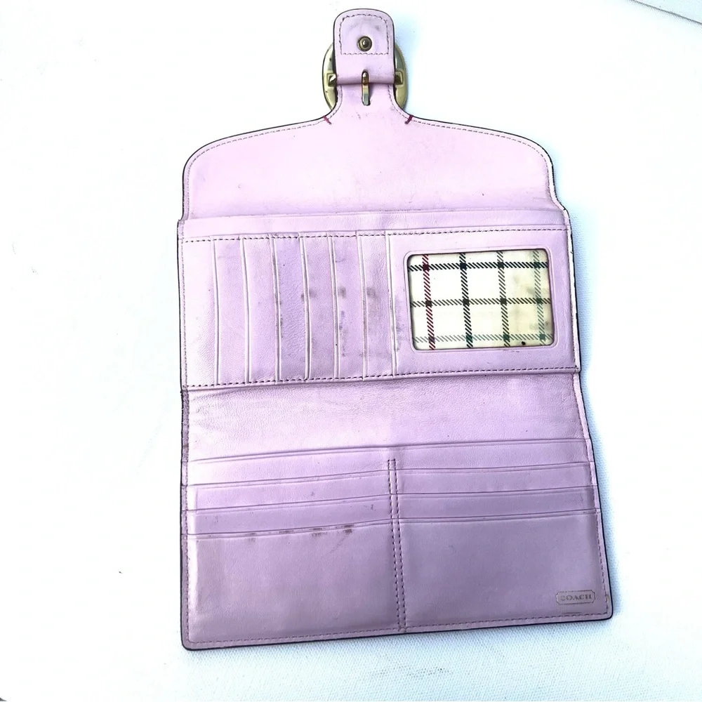 Coach Leather Wallet pink buckle clutch plaid lining - Picture 5 of 9